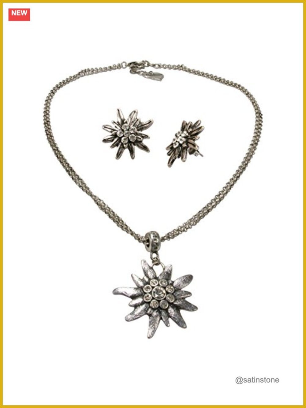 Traditional Bavarian Jewelry Set Crystal Rhinestone Necklace Earrings Lobster